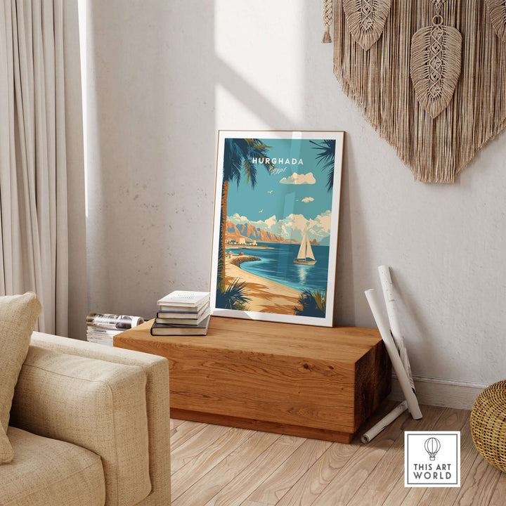 Hurghada Egypt Red Sea beach print in modern living room decor with sailboat and tropical scenery.