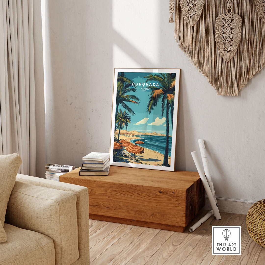 Hurghada Egypt Tropical Vacation Wall Art in a cozy living room setting with palm trees and beach view.
