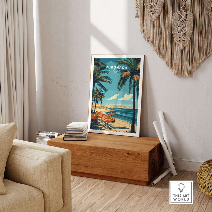 Hurghada Egypt Tropical Vacation Wall Art in a cozy living room setting with palm trees and beach view.