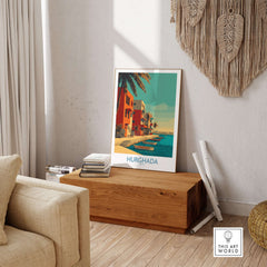 Hurghada Egypt Wall Art - Travel Print showcasing vibrant coastal scenes and the Red Sea in a stylish interior setting.