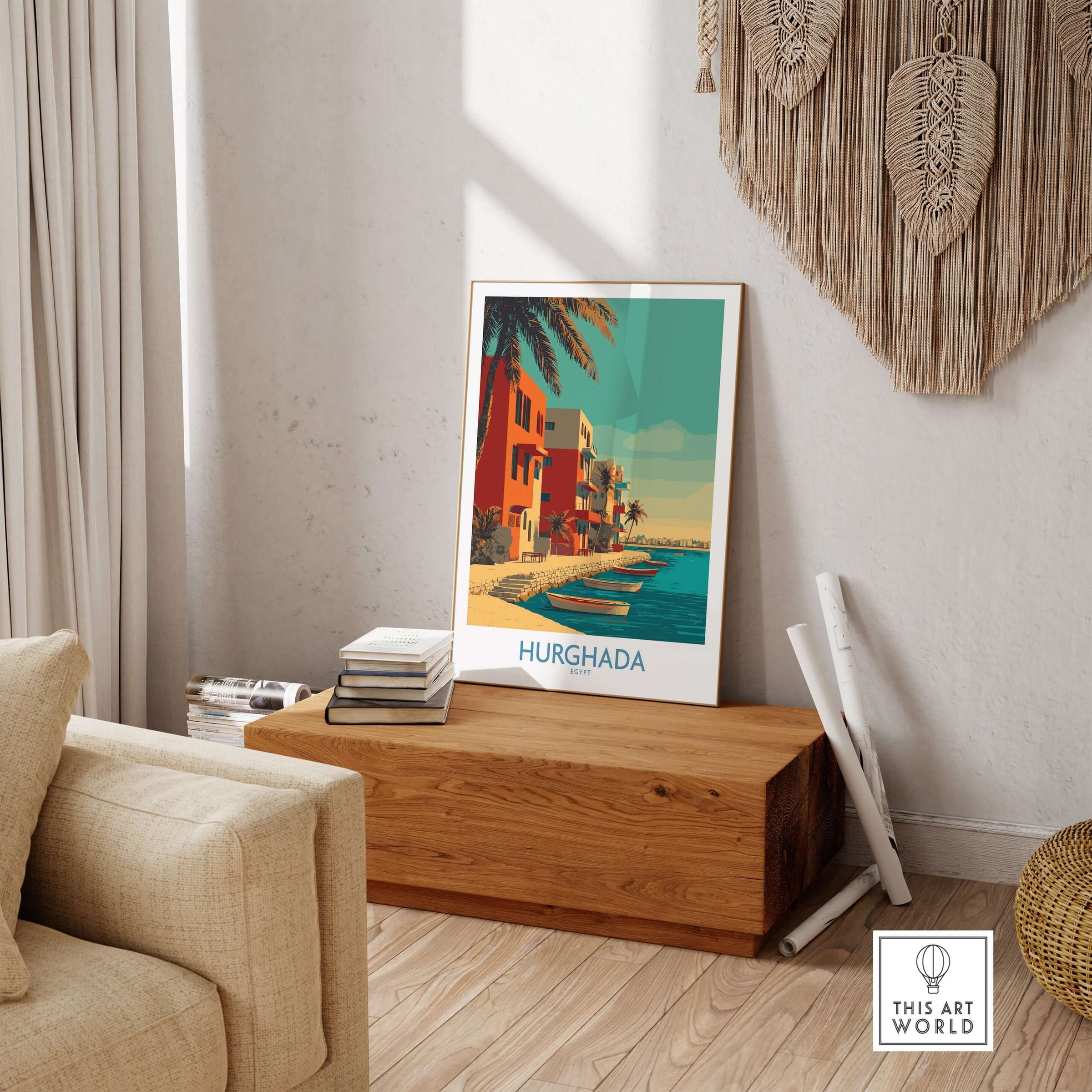 Hurghada Egypt Wall Art - Travel Print showcasing vibrant coastal scenes and the Red Sea in a stylish interior setting.