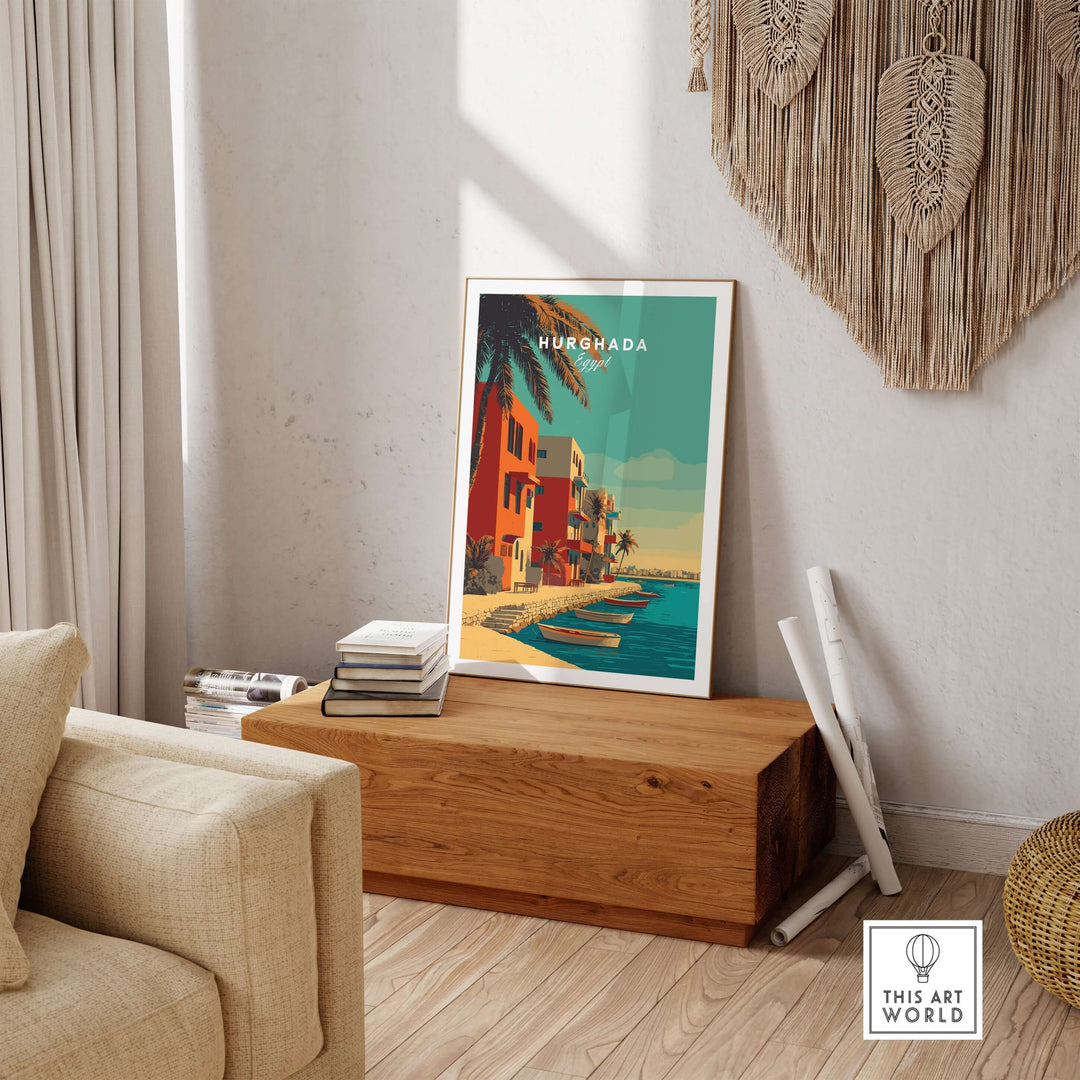 Hurghada Egypt poster print showcasing vibrant coastal views and palm trees, perfect for tropical vacation decor.