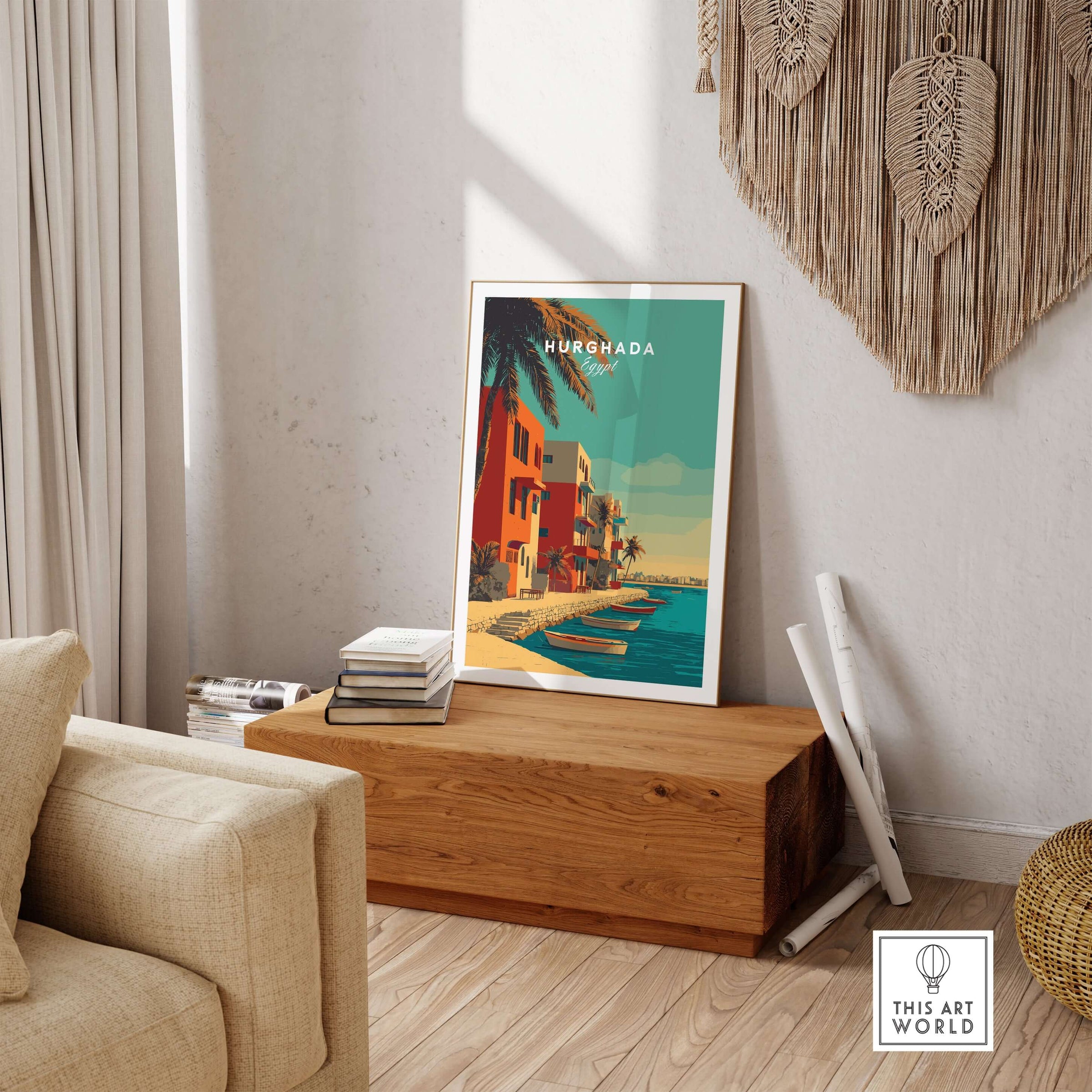 Hurghada Egypt Poster - Red Sea Boats Print displayed in a stylish living room, enhancing tropical decor.