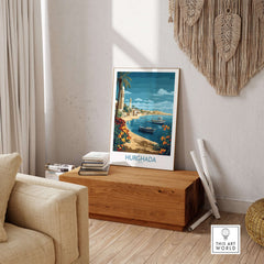 Hurghada Poster Egypt Art Print displayed in a modern living room, showcasing the scenic coastline and vibrant colors of Hurghada.