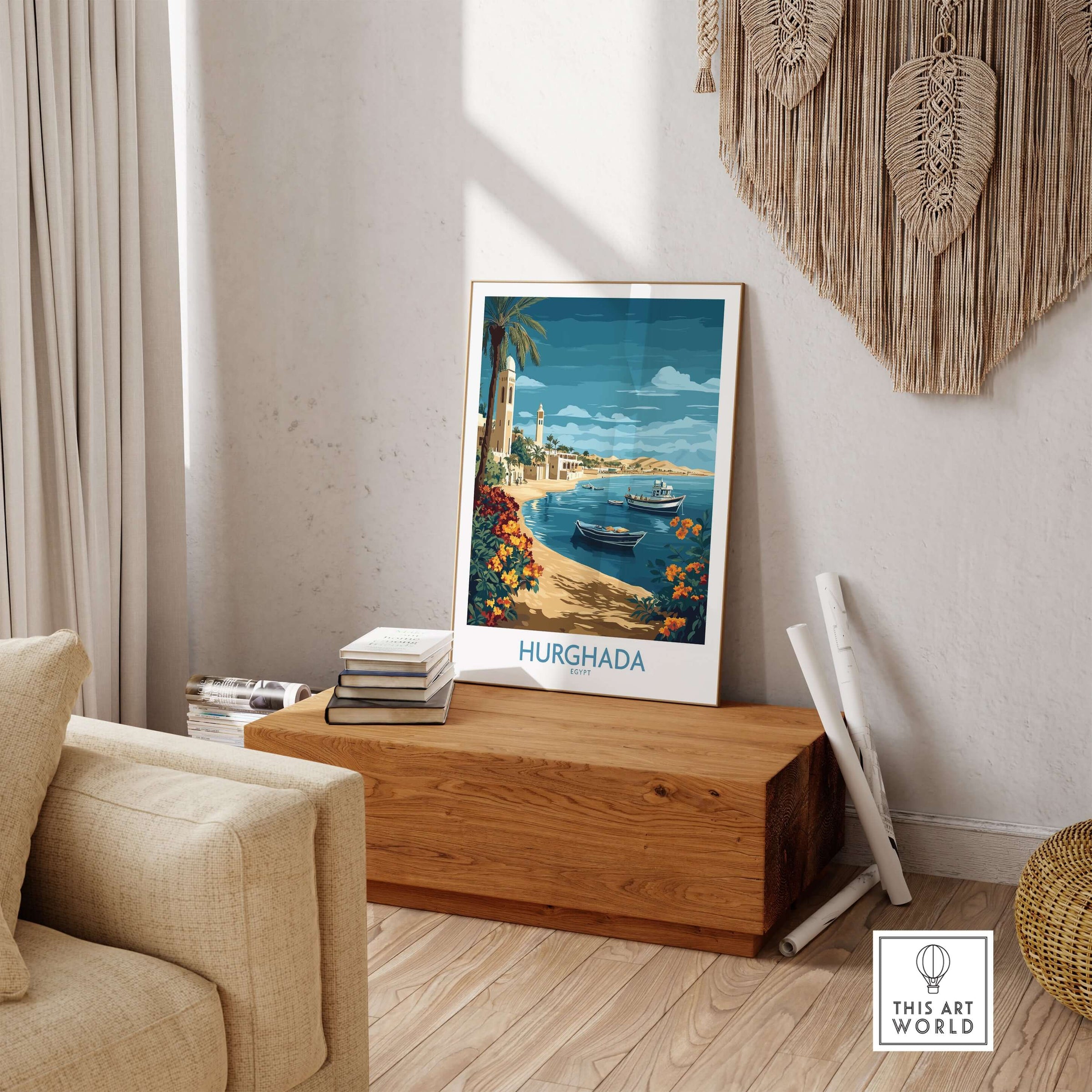 Hurghada Poster Egypt Art Print displayed in a modern living room, showcasing the scenic coastline and vibrant colors of Hurghada.