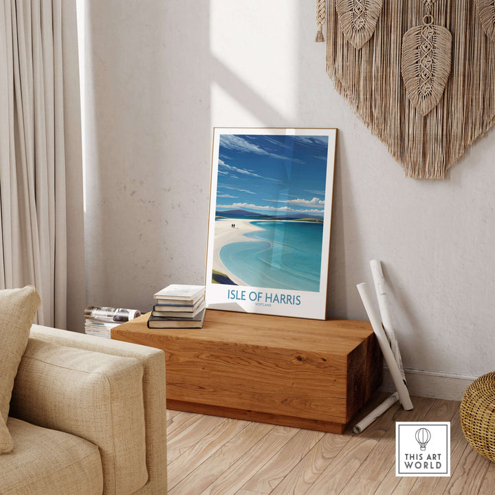 Isle of Harris poster showcasing stunning landscapes of Scotland's Outer Hebrides in a cozy living room setting.
