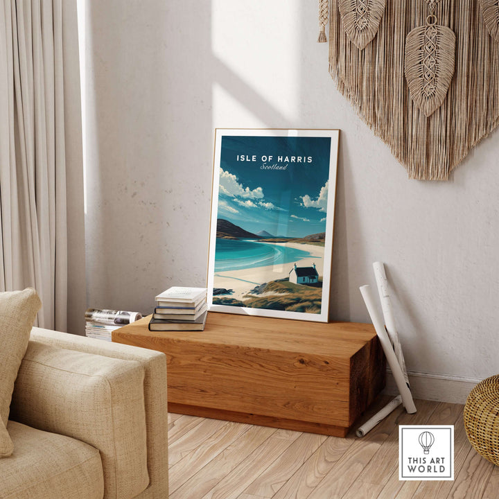Isle of Harris Scotland beach house seascape poster in a cozy indoor setting, showcasing serene coastal beauty.