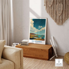 Isle of Harris Poster Scotland Dramatic Sky Seascape - Scottish Island Travel Decor displayed in a cozy home setting.