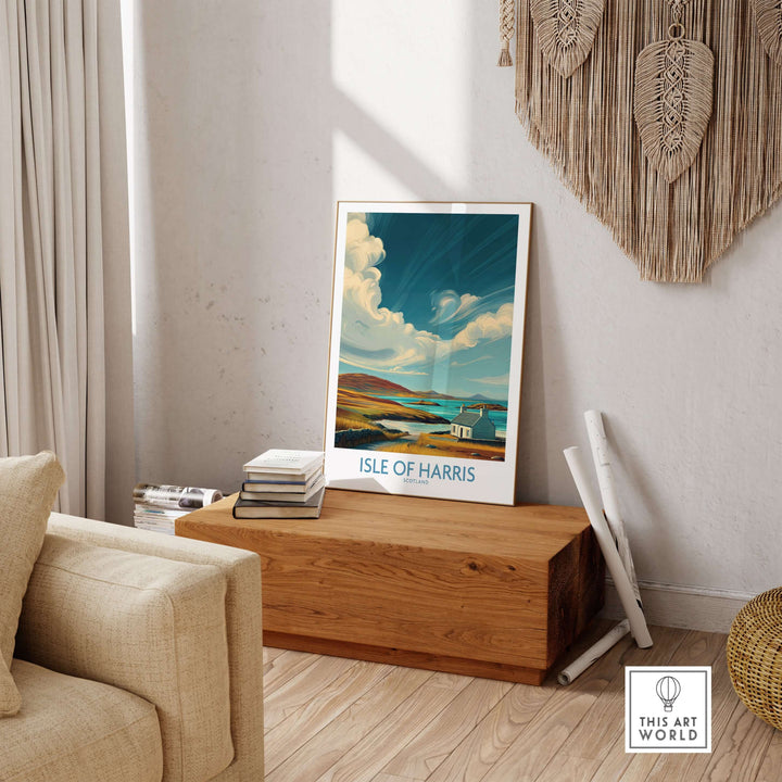 Isle of Harris poster showcasing dramatic skies and seascape, perfect for Scottish island travel decor.
