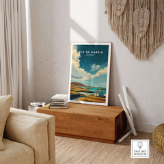 Isle of Harris Print Scotland Coastal Cottage Landscape - Rolling Hills Wall Art displayed in a cozy living room.