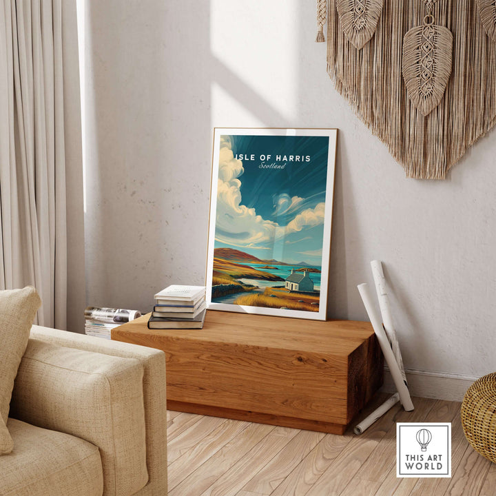Isle of Harris print featuring a coastal cottage landscape and rolling hills, displayed in a cozy interior setting.