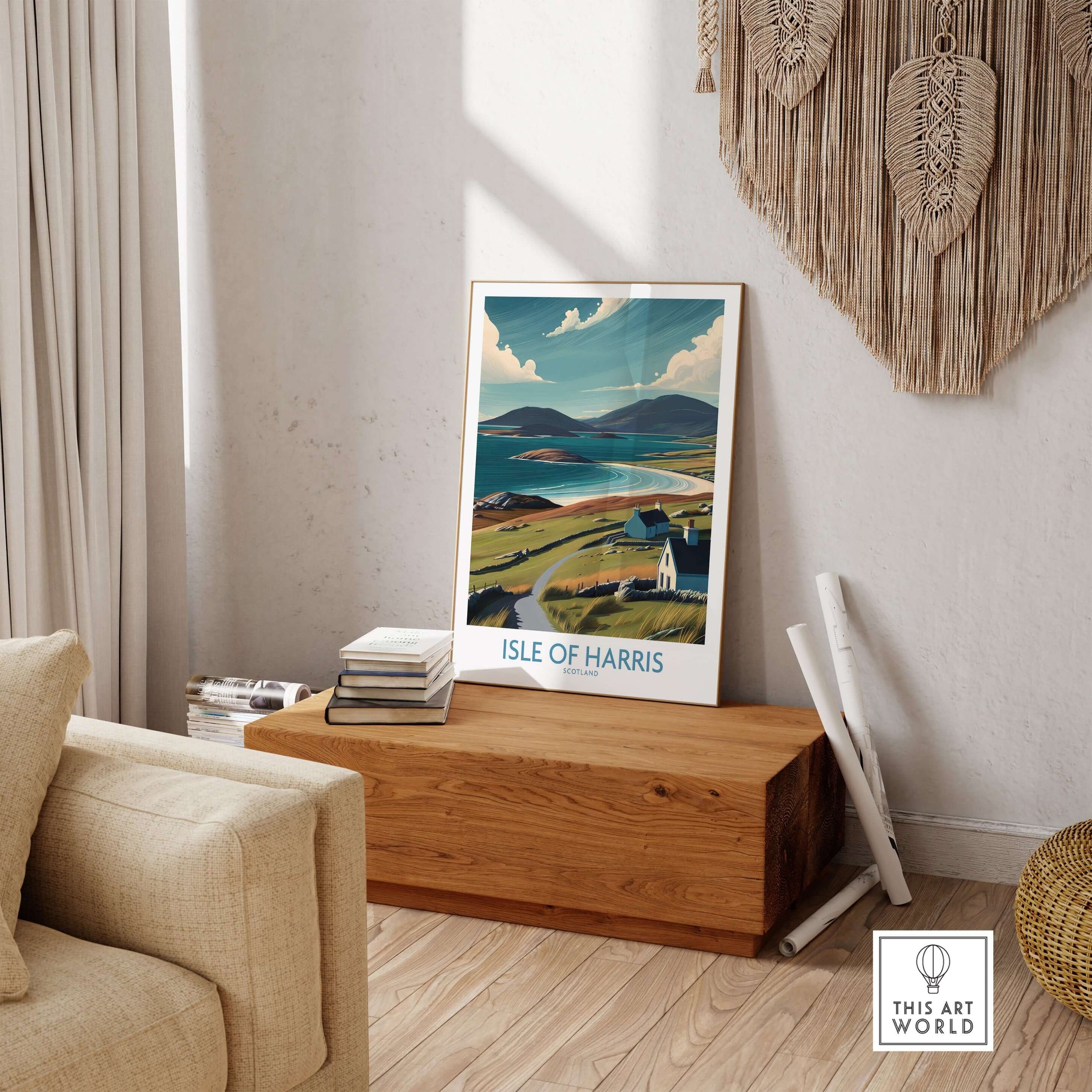 Isle of Harris Scotland Hebridean Landscape Poster - Remote Scottish Island Artwork displayed in a cozy living room setting.