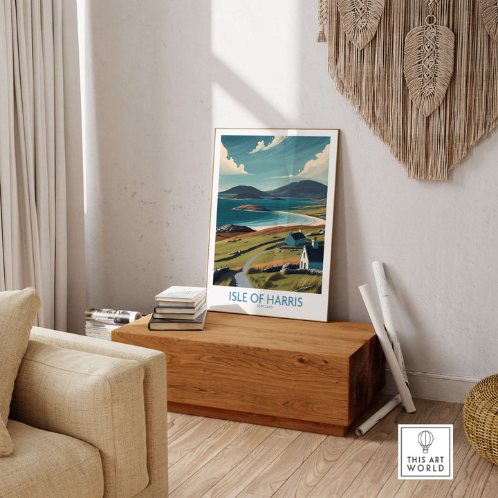 Isle of Harris Hebridean landscape poster showcasing Scotland's remote charm in a cozy interior setting.