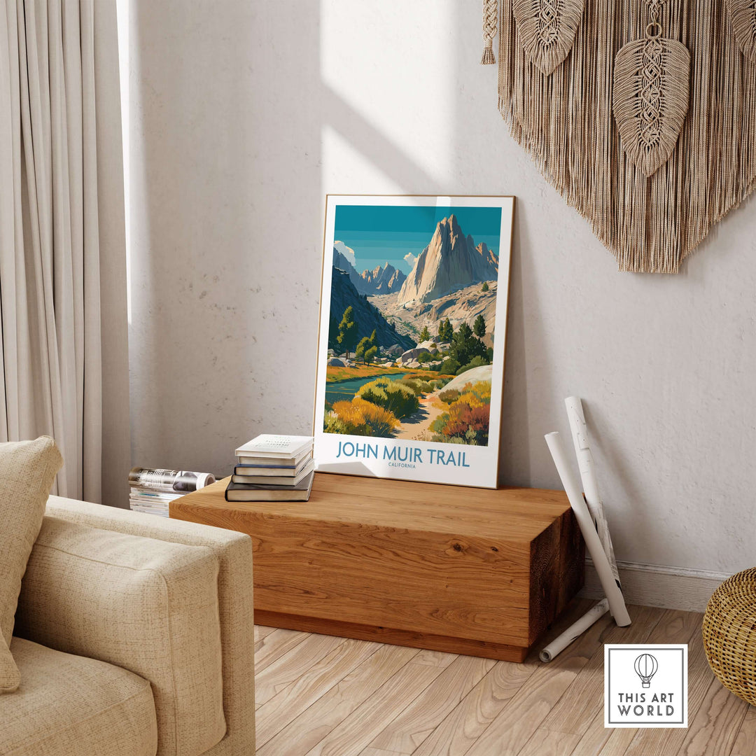 John Muir Trail poster in cozy interior, showcasing Yosemite National Park's stunning Alpine Valley scenery.