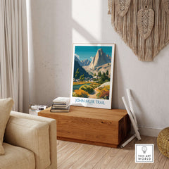 John Muir Trail California Alpine Valley Poster - Yosemite National Park Print displayed in a cozy living room setting.