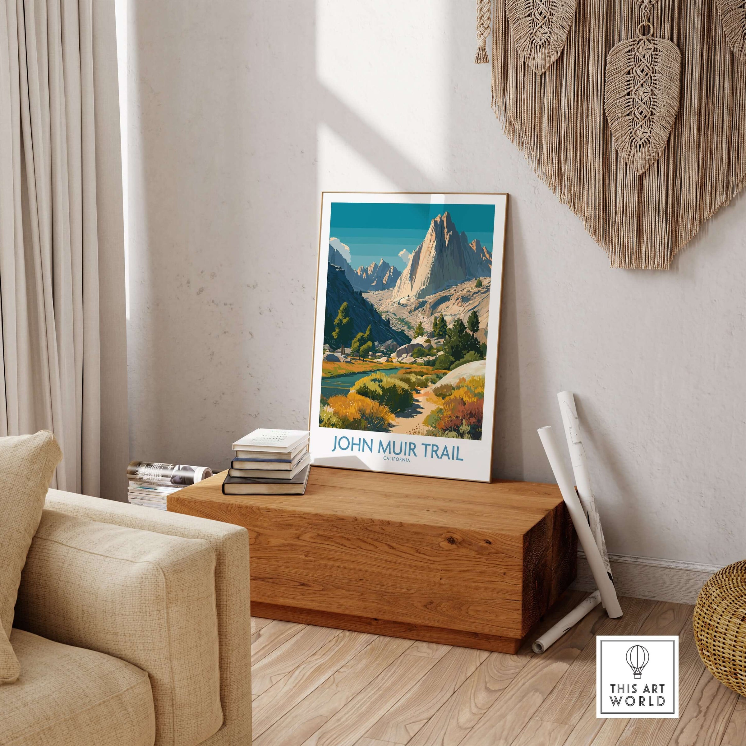 John Muir Trail California Alpine Valley Poster - Yosemite National Park Print displayed in a cozy living room setting.