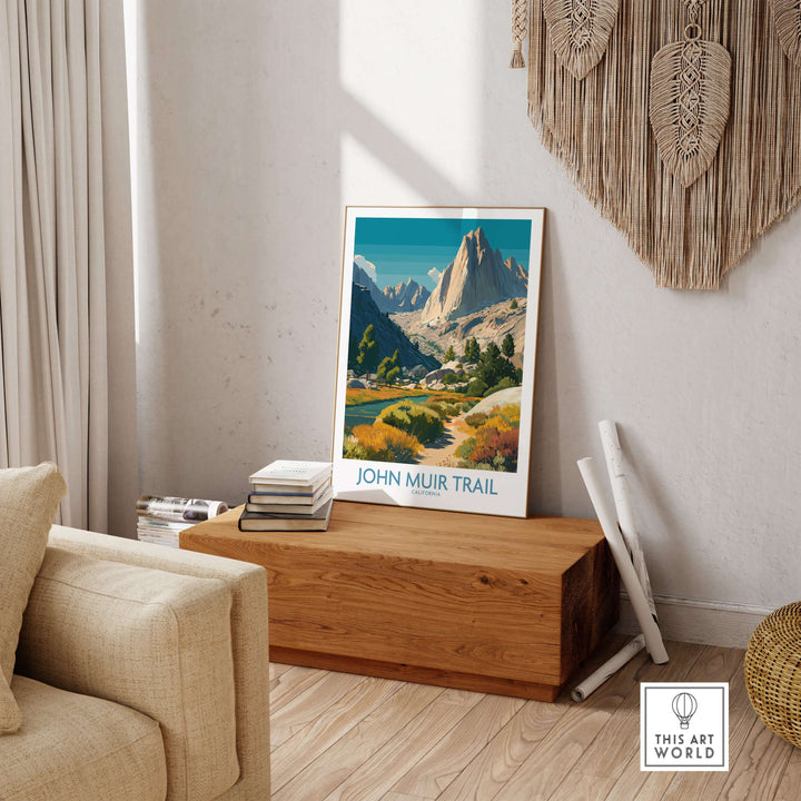 John Muir Trail poster in cozy interior, showcasing Yosemite National Park's stunning Alpine Valley scenery.