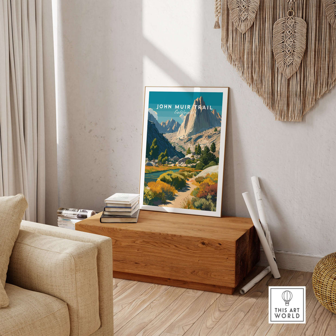 John Muir Trail California mountain print in cozy living room, perfect for hiking enthusiasts and nature lovers.