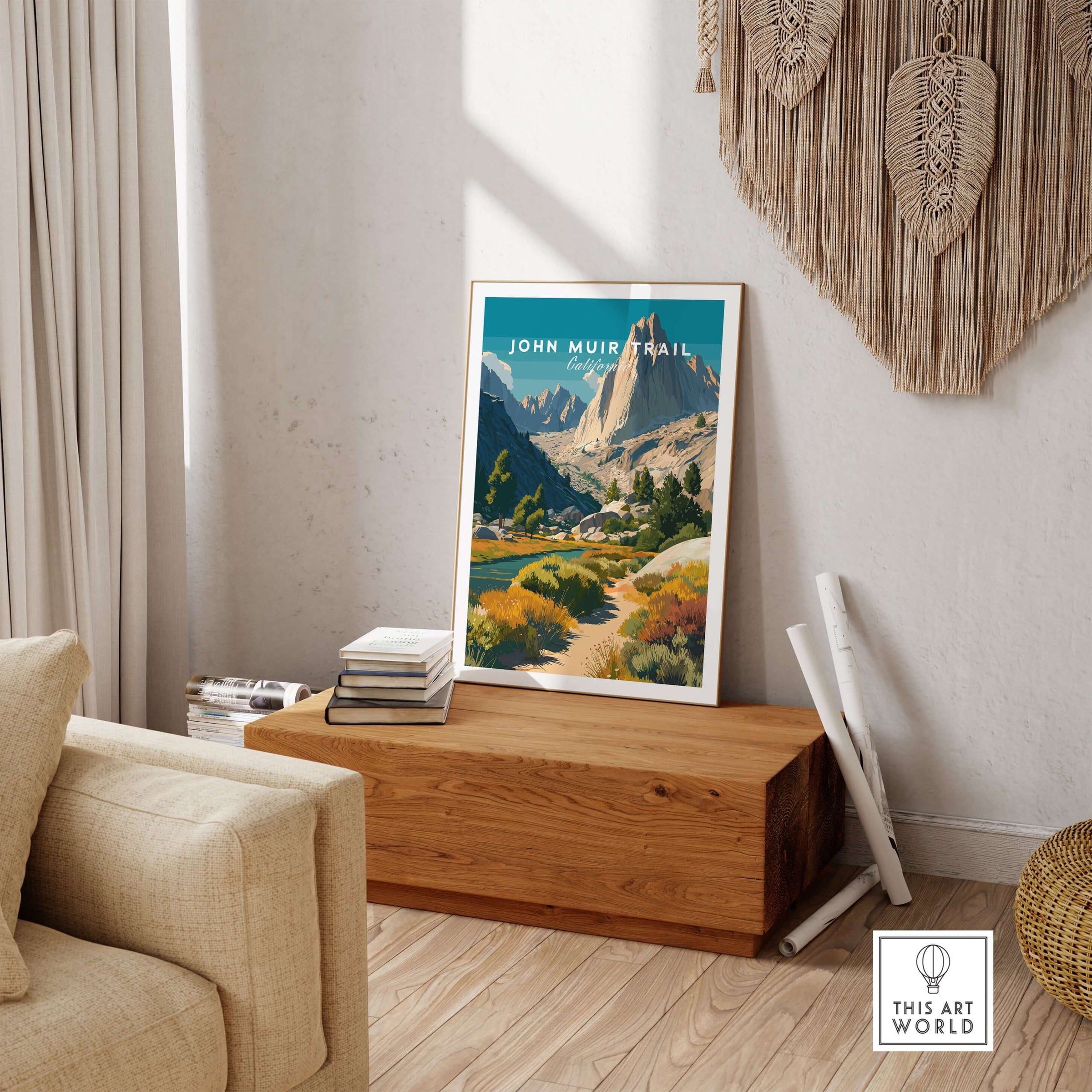 John Muir Trail California Sierra Nevada Mountain Print - Wilderness Hiking Wall Art displayed in a cozy living room setting.