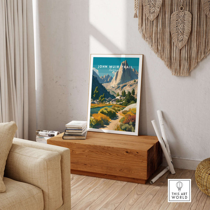 John Muir Trail California mountain print in cozy living room, perfect for hiking enthusiasts and nature lovers.