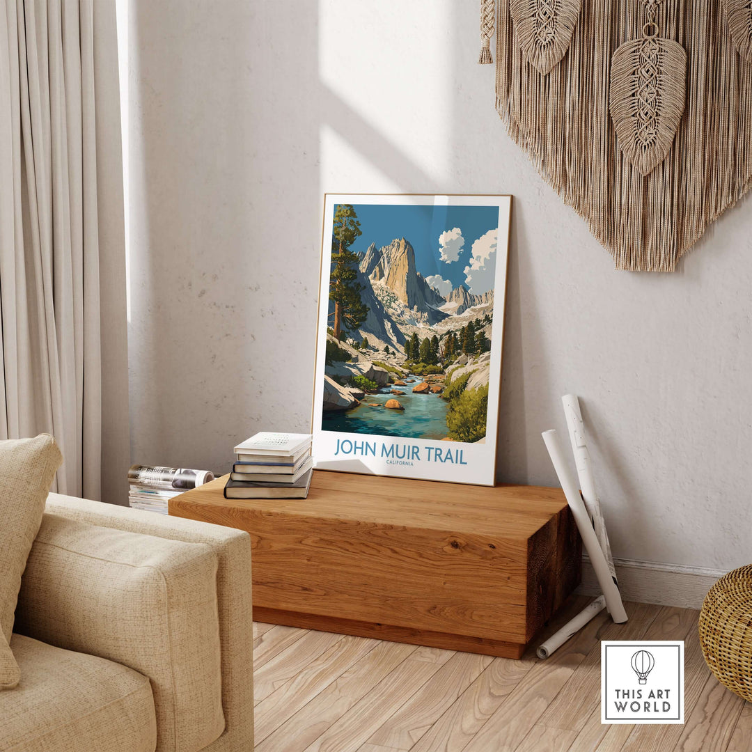 John Muir Trail poster showcasing mountain river and stunning California landscapes in a cozy interior setting.