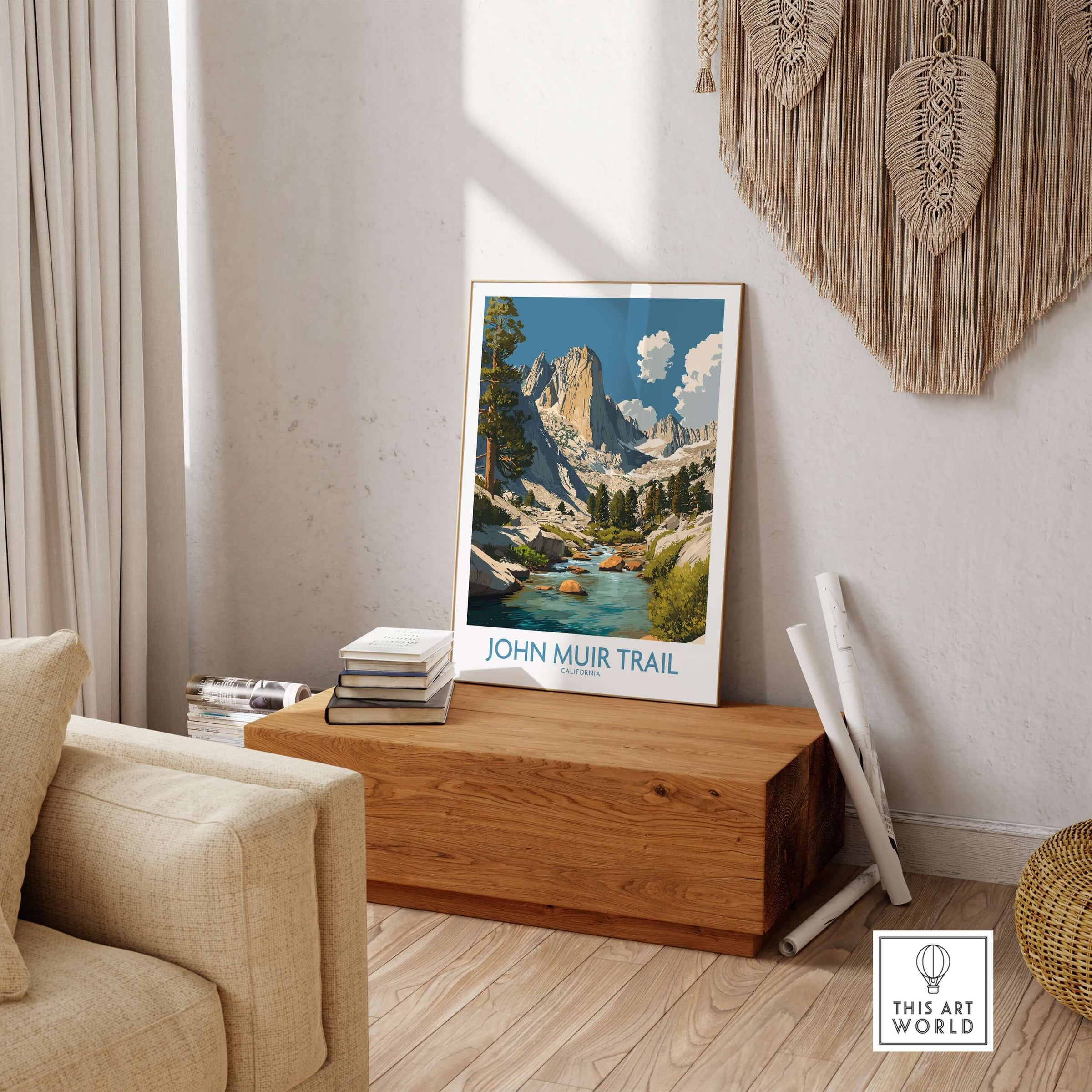John Muir Trail California Mountain River Poster - California Hiking Trail Print displayed in a cozy living room setting.