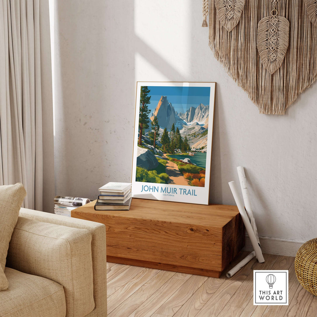 John Muir Trail serene lake wall art in a cozy living room setting with natural decor.