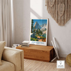 John Muir Trail California Serene Lake Wall Art - Sierra Nevada Travel Print displayed in a cozy living room.