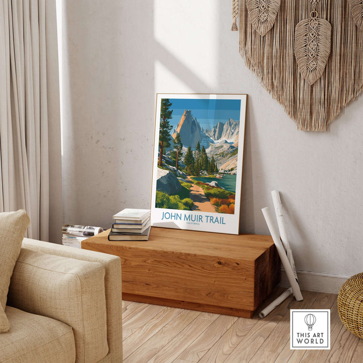 John Muir Trail serene lake wall art in a cozy living room setting with natural decor.