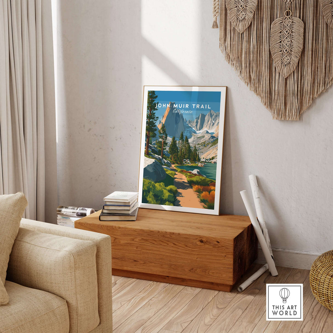John Muir Trail poster showcasing lakeside mountain landscape, perfect for nature enthusiasts and home decor.