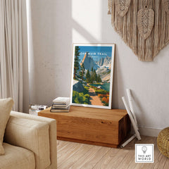 John Muir Trail California Lakeside Mountain Trail Poster - Wilderness Landscape Print displayed in a cozy interior setting.