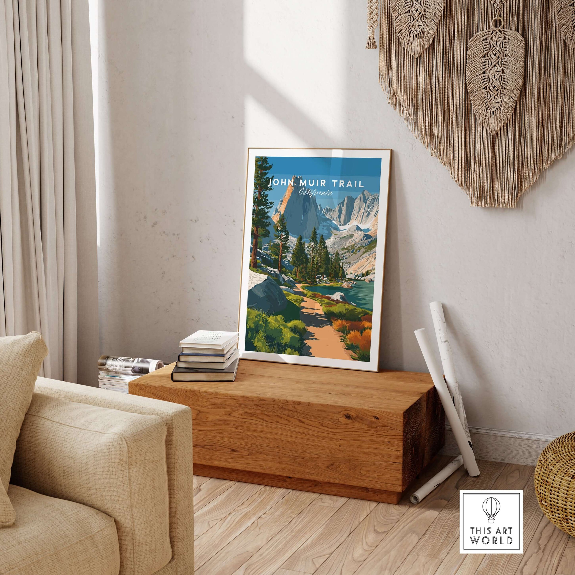 John Muir Trail California Lakeside Mountain Trail Poster - Wilderness Landscape Print displayed in a cozy interior setting.
