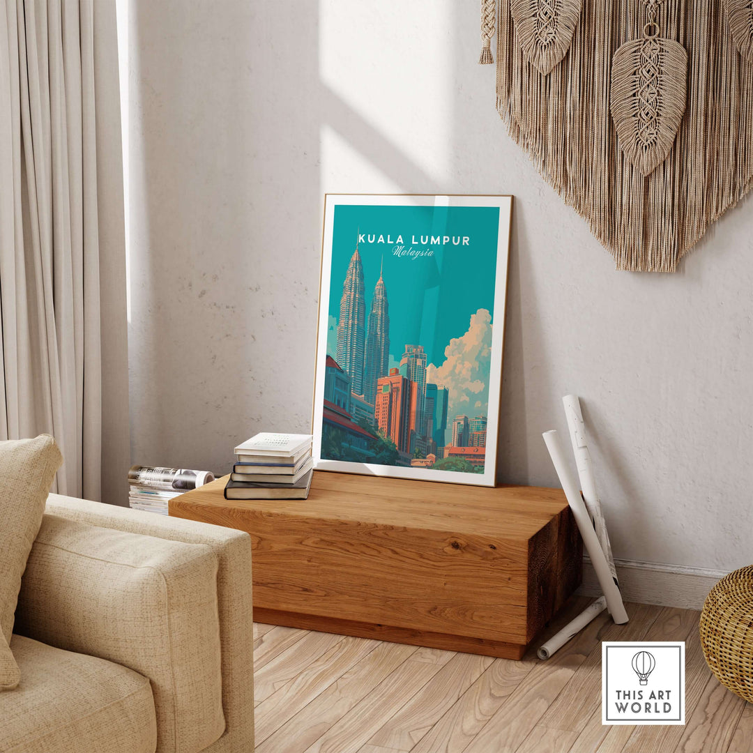 Kuala Lumpur skyline poster featuring Petronas Towers, stylish city wall art in modern living space.