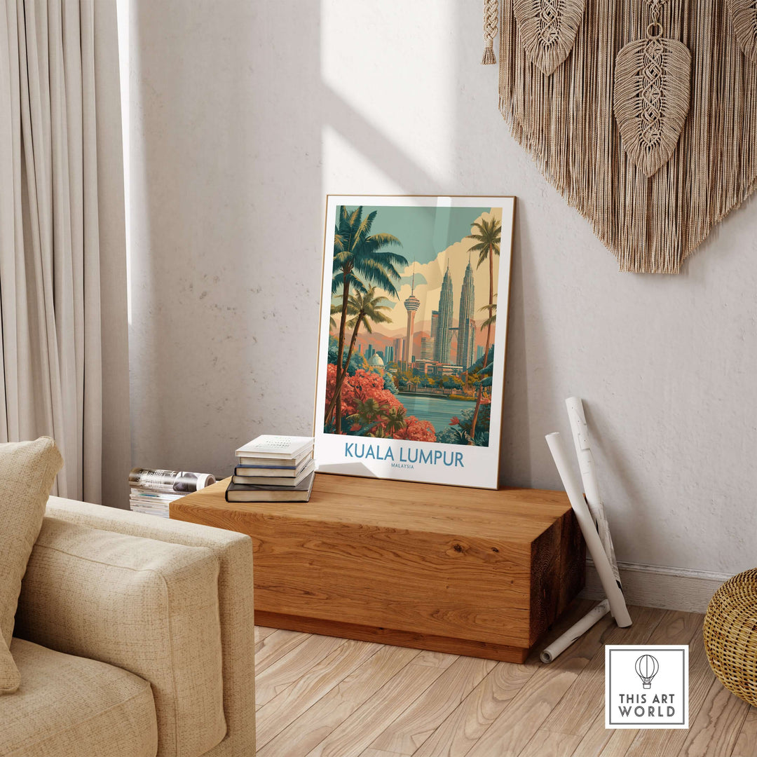 Kuala Lumpur poster showcasing urban skyline with palm trees in stylish interior setting.