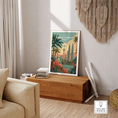 Kuala Lumpur Print Malaysia Petronas Towers & KL Tower - Cityscape Wall Art displayed in a modern living room.