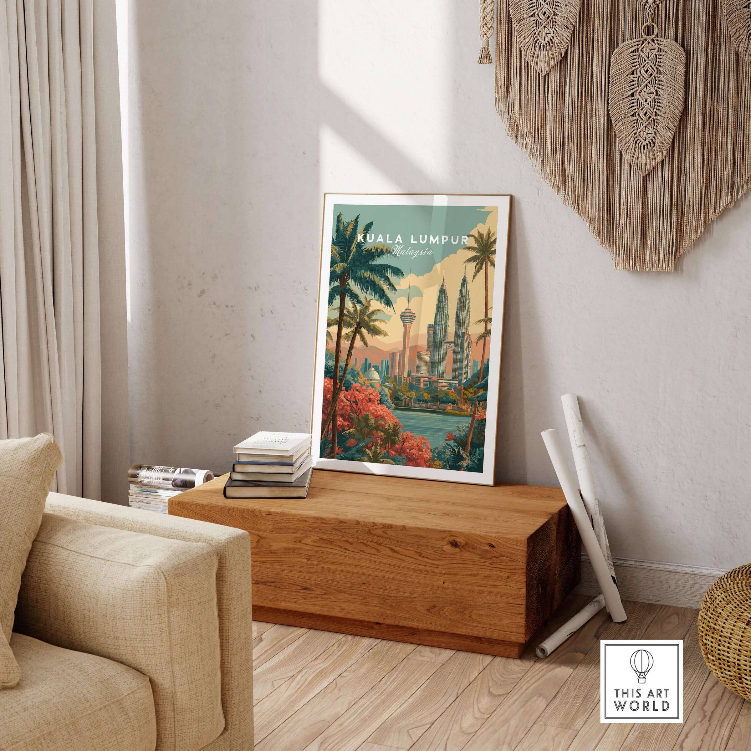 Kuala Lumpur Print Malaysia Petronas Towers & KL Tower - Cityscape Wall Art displayed in a modern living room.