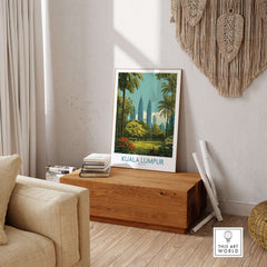 Kuala Lumpur Malaysia Skyline Poster - Malaysian Capital Wall Art displayed in a stylish home setting with wooden decor.