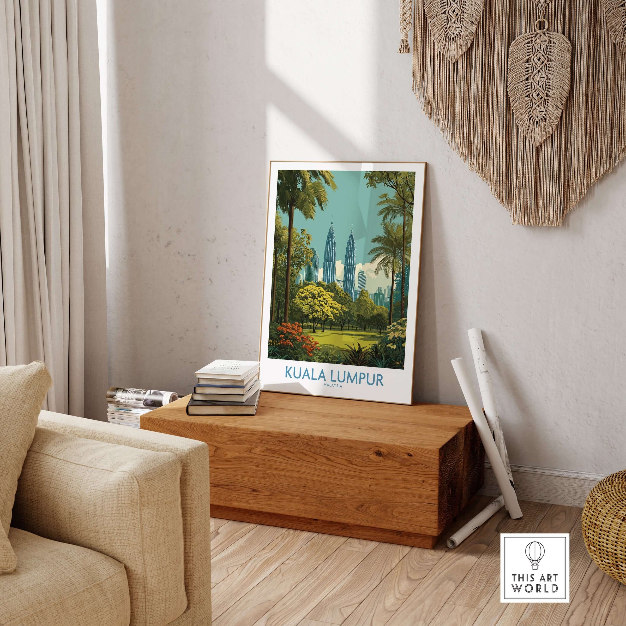 Kuala Lumpur Malaysia Skyline Poster - Malaysian Capital Wall Art displayed in a stylish home setting with wooden decor.