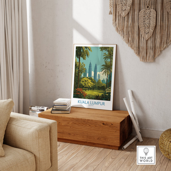 Kuala Lumpur skyline poster displayed in a modern living room, adding a vibrant touch to home decor.