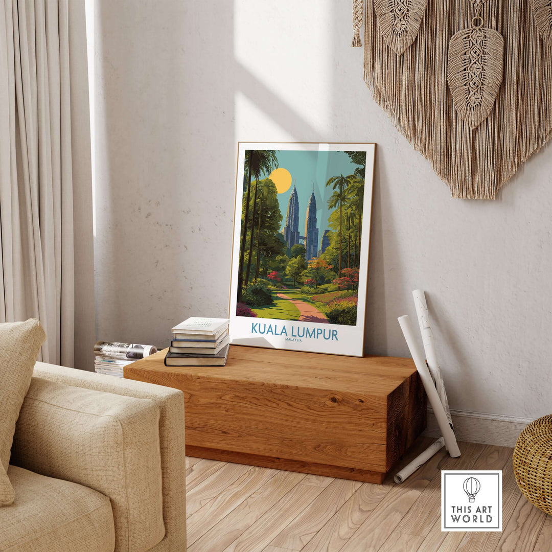 Kuala Lumpur Malaysia urban oasis travel poster featuring modern architecture and lush greenery in a cozy setting.