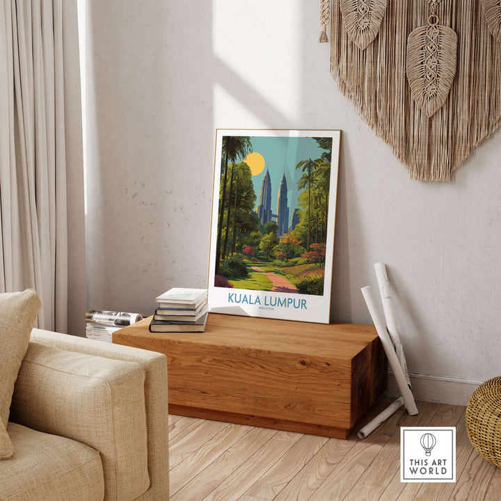Kuala Lumpur Malaysia urban oasis travel poster featuring modern architecture and lush greenery in a cozy setting.