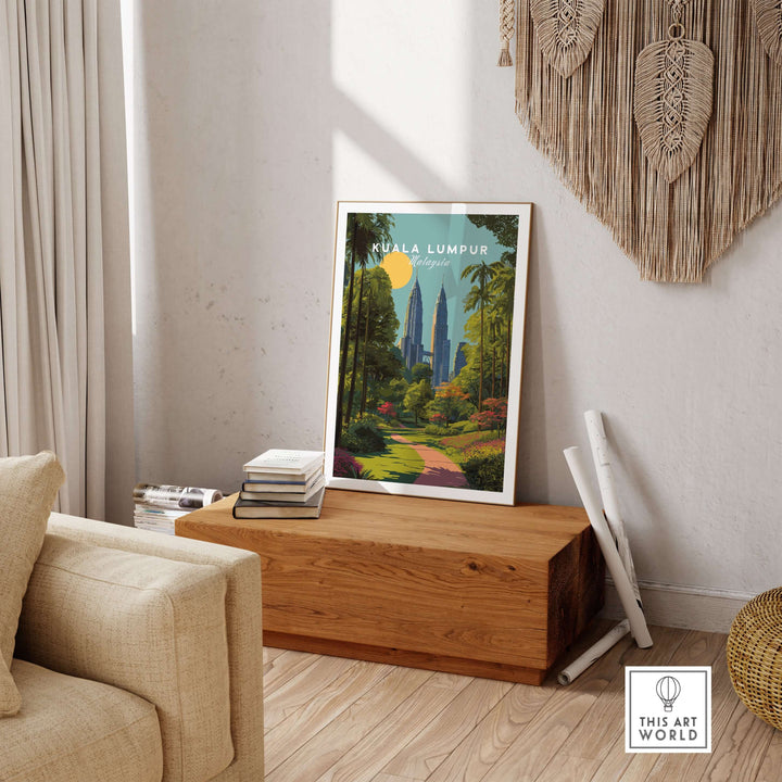Kuala Lumpur poster featuring Petronas Towers in a serene park setting, perfect for modern city wall art decor.