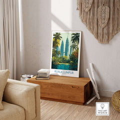 Kuala Lumpur Malaysia KLCC Park Wall Art - Malaysian Skyline Art Print displayed in a modern living room setting.