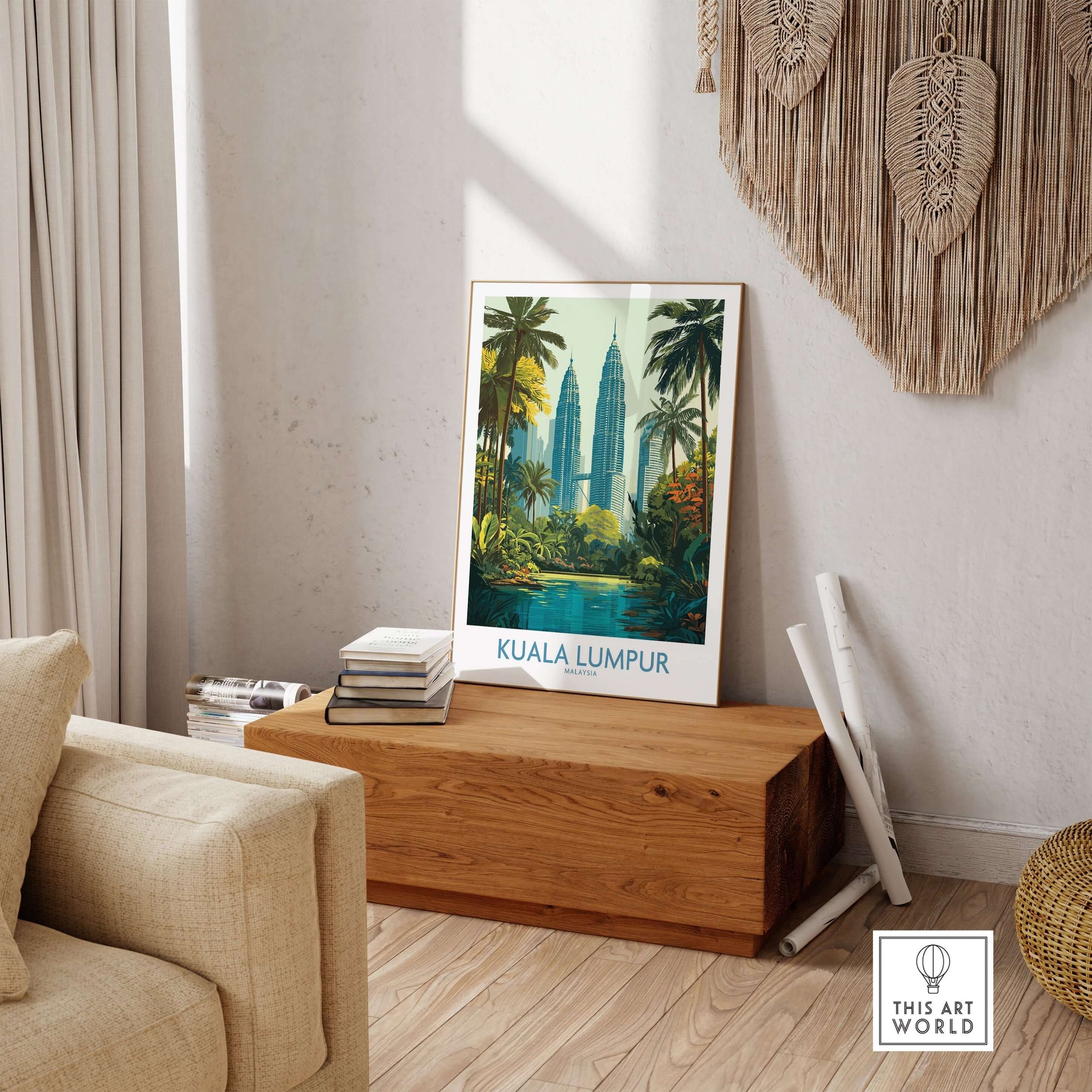 Kuala Lumpur Malaysia KLCC Park Wall Art - Malaysian Skyline Art Print displayed in a modern living room setting.