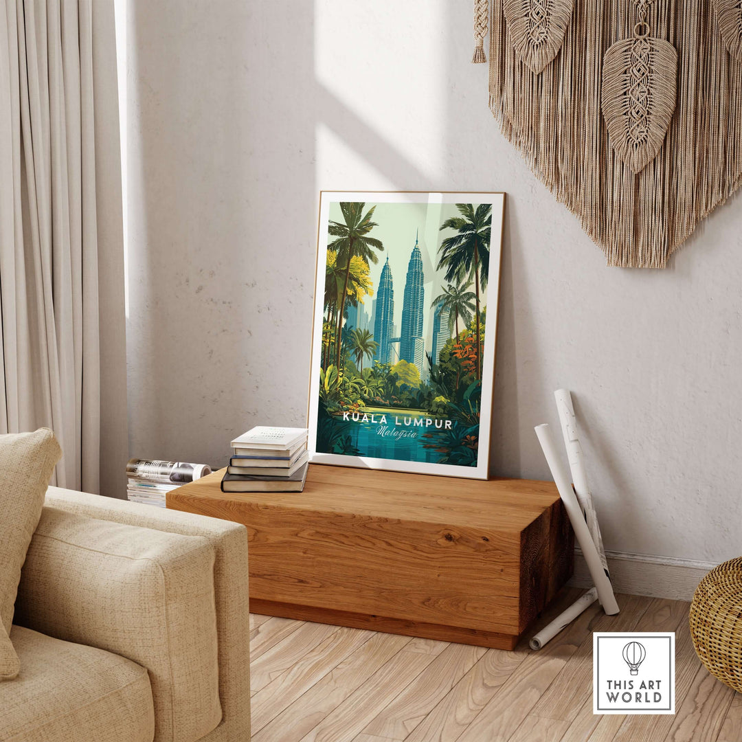 Kuala Lumpur Twin Towers tropical cityscape poster displayed in a modern living room setting.