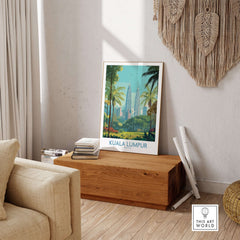 Kuala Lumpur Malaysia Green City Skyline Poster - Malaysian Urban Landscape displayed in a modern living room setting.