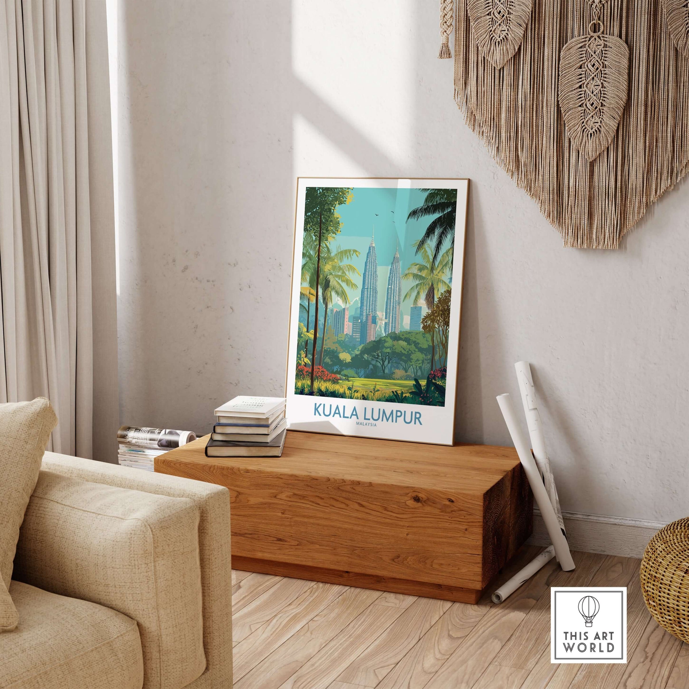 Kuala Lumpur Malaysia Green City Skyline Poster - Malaysian Urban Landscape displayed in a modern living room setting.