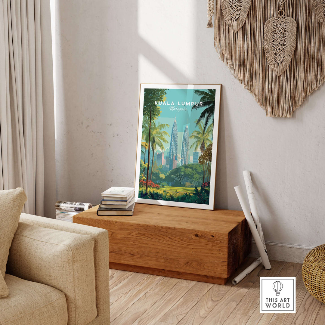 Kuala Lumpur Petronas Towers wall art print showcasing skyscrapers and lush greenery in a stylish interior setting.
