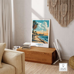 Larnaca Poster Cyprus Palm Tree Sunset - Cyprus Travel Print displayed in a stylish living room setting with coastal decor