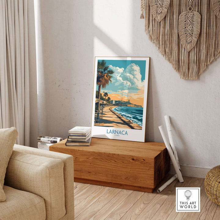 Larnaca poster featuring a palm tree sunset, adding Mediterranean charm and relaxation to any living space.